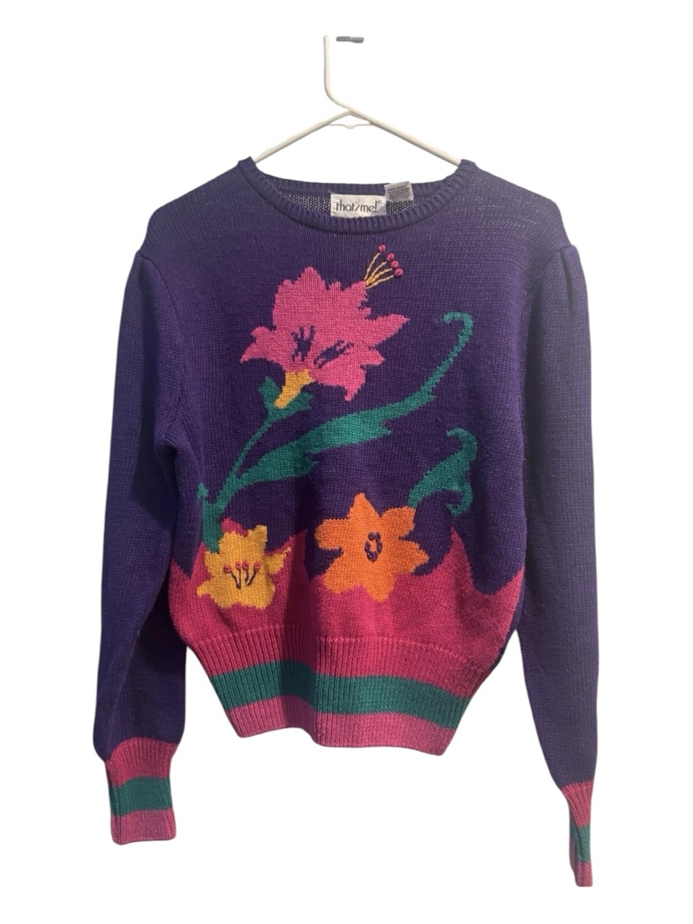 Purple Floral Crewneck Sweater with Pink & Orange Blooms